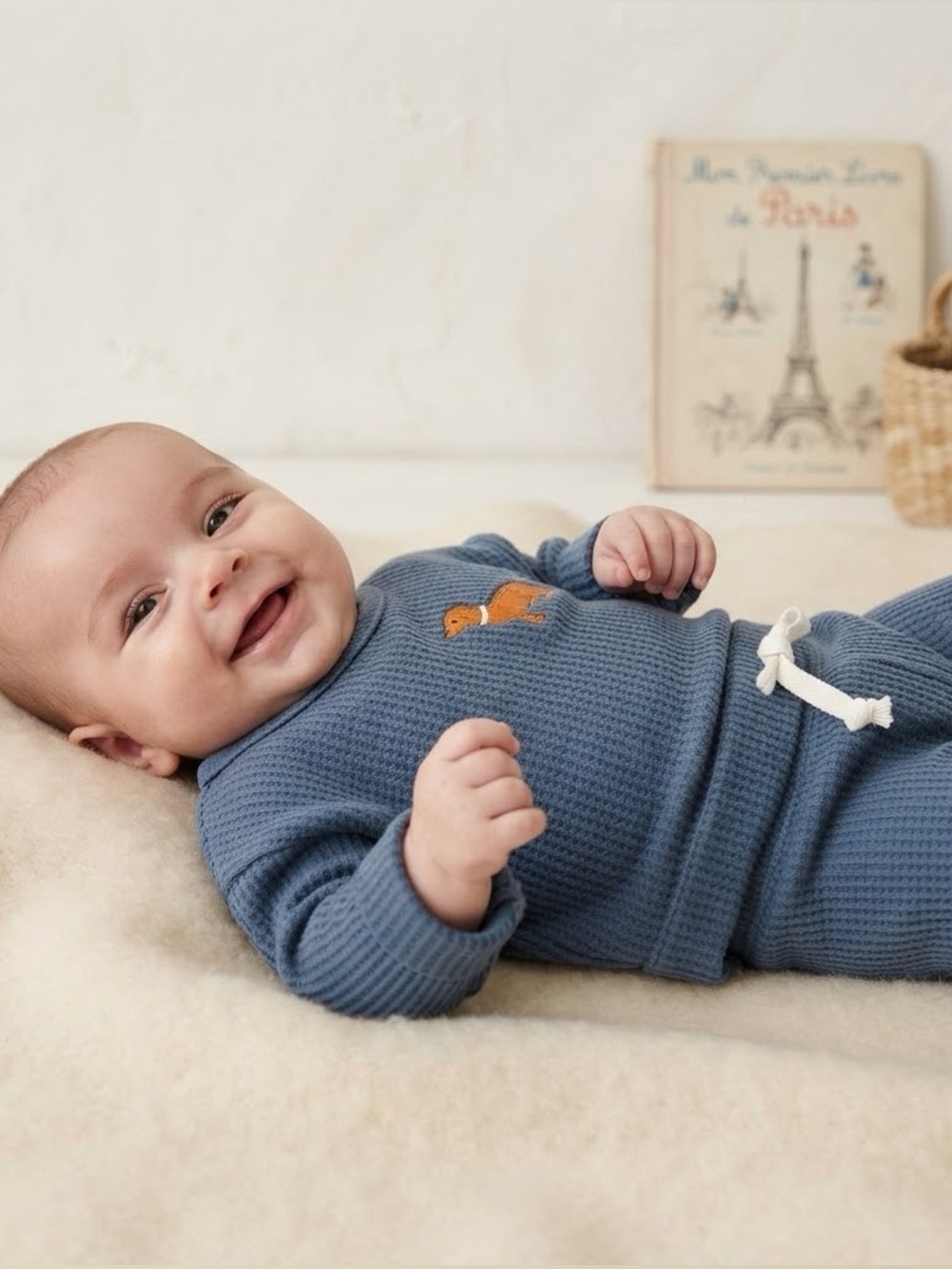 Firsts by Petit Lem Dog Appliqué Navy Blue Thermal Long Sleeve Top Pants Set
